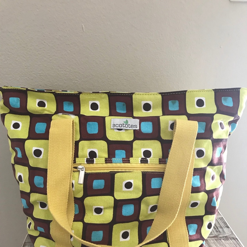 EcoTotes Colorful Tote With Yellow Straps and Zippered Closure